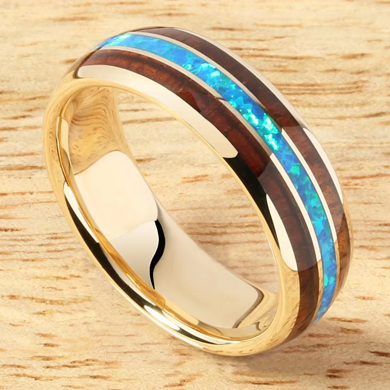 10K Yellow Gold Natural Koa Wood and Opal Triple Row Oval Wedding Ring 6mm