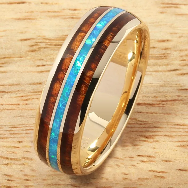 10K Yellow Gold Natural Koa Wood and Opal Triple Row Oval Wedding Ring 6mm