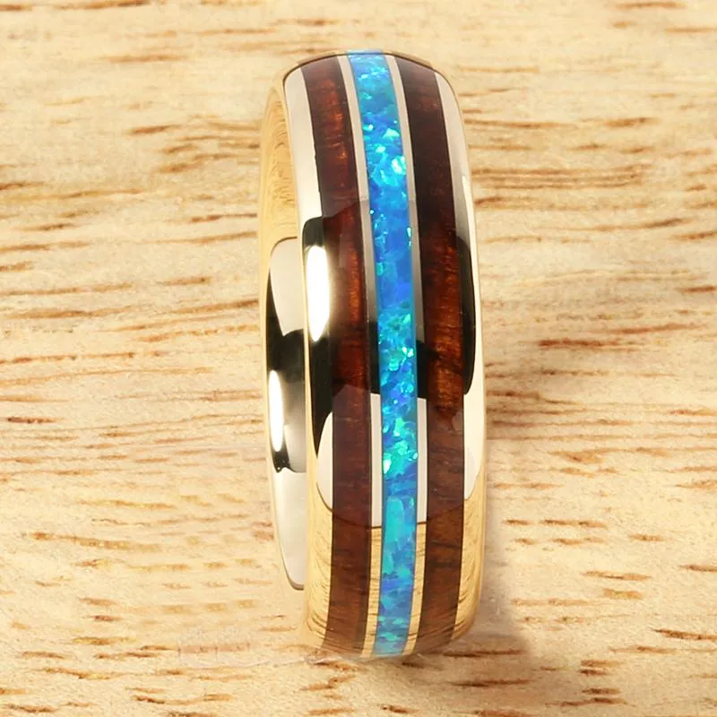 10K Yellow Gold Natural Koa Wood and Opal Triple Row Oval Wedding Ring 6mm