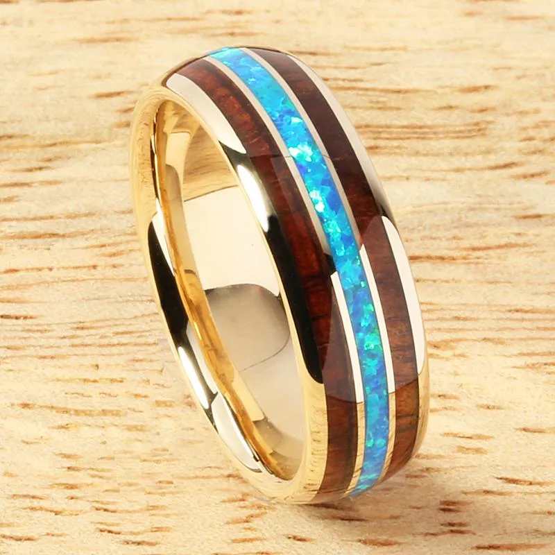 10K Yellow Gold Natural Koa Wood and Opal Triple Row Oval Wedding Ring 6mm