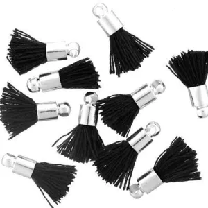 10mm Black Fabric Tassel with Silver Cap (10 Pieces)