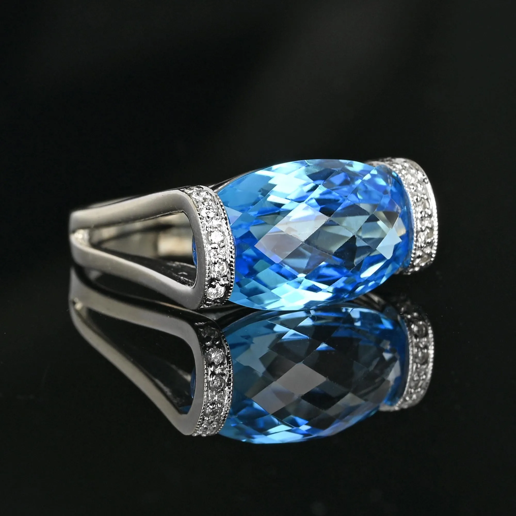 14K White Gold Checkerboard Blue Topaz Diamond East West Ring