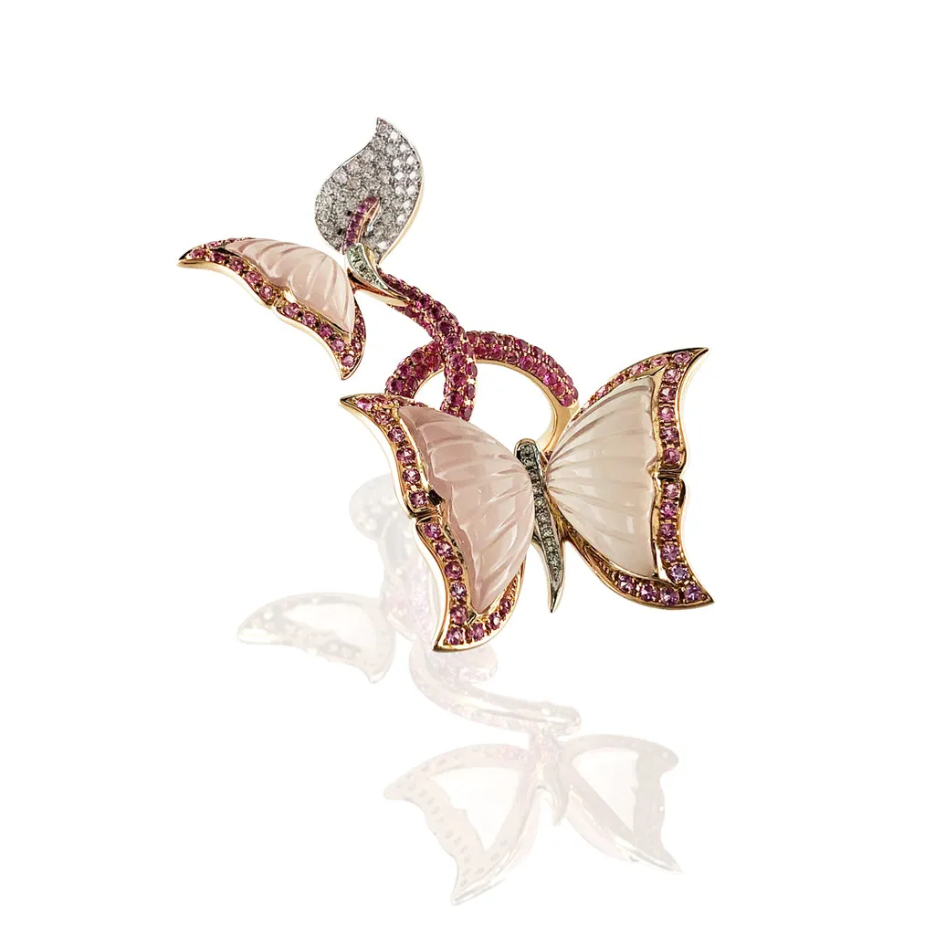 18K Rose gold butterfly's ring with diamonds sapphire and rose quartz