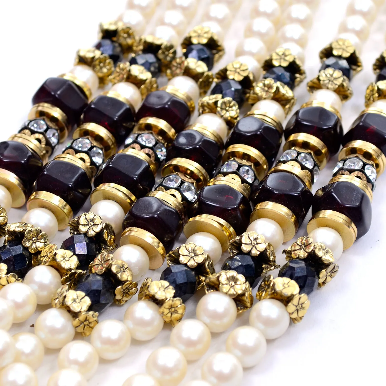 1960s Multi Strand Pearl Rhinestone & Black Bead Necklace W Hand Clasp