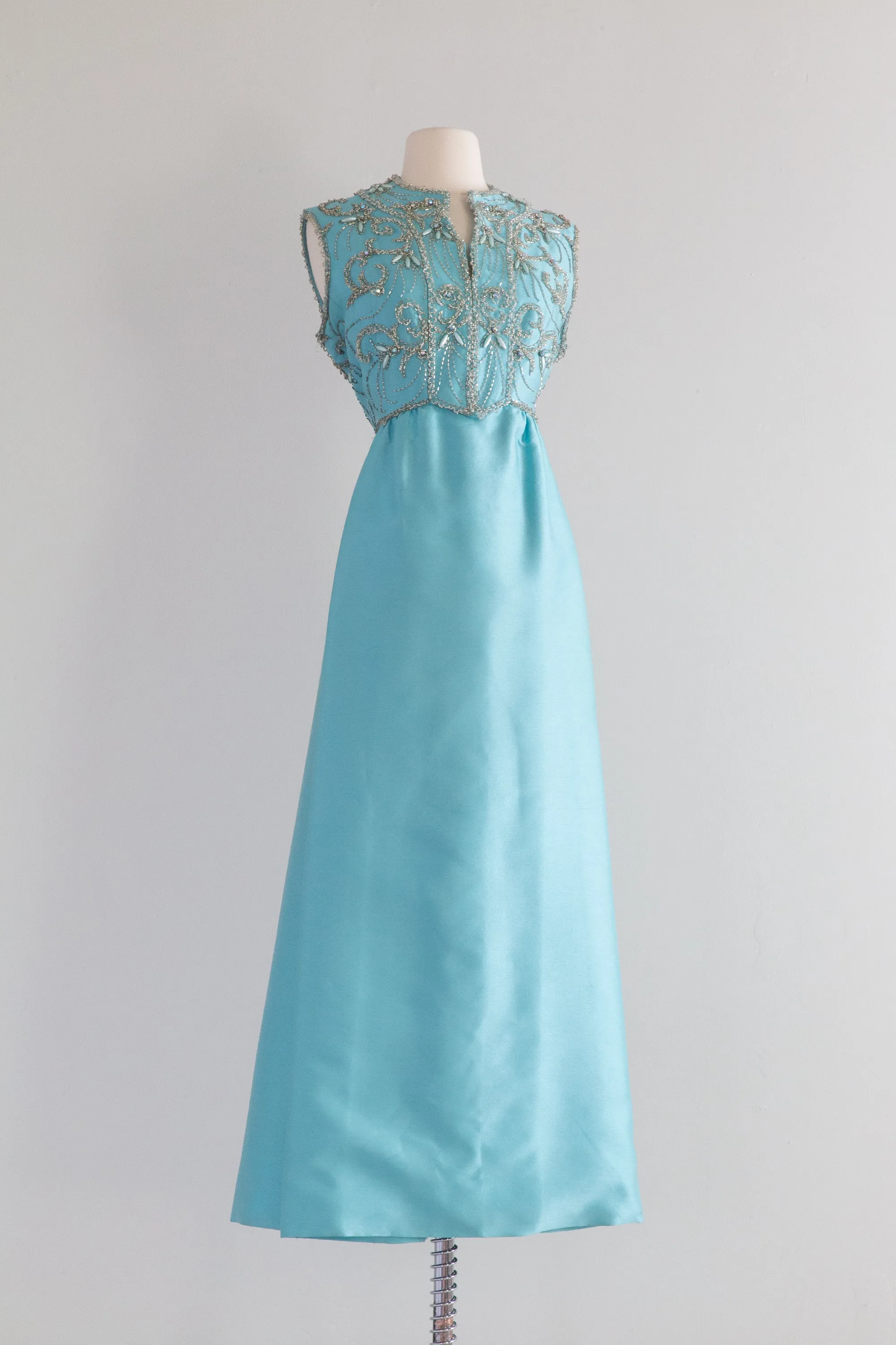 1960's Tiffany Blue Shantung Silk Beaded Evening Gown / ML