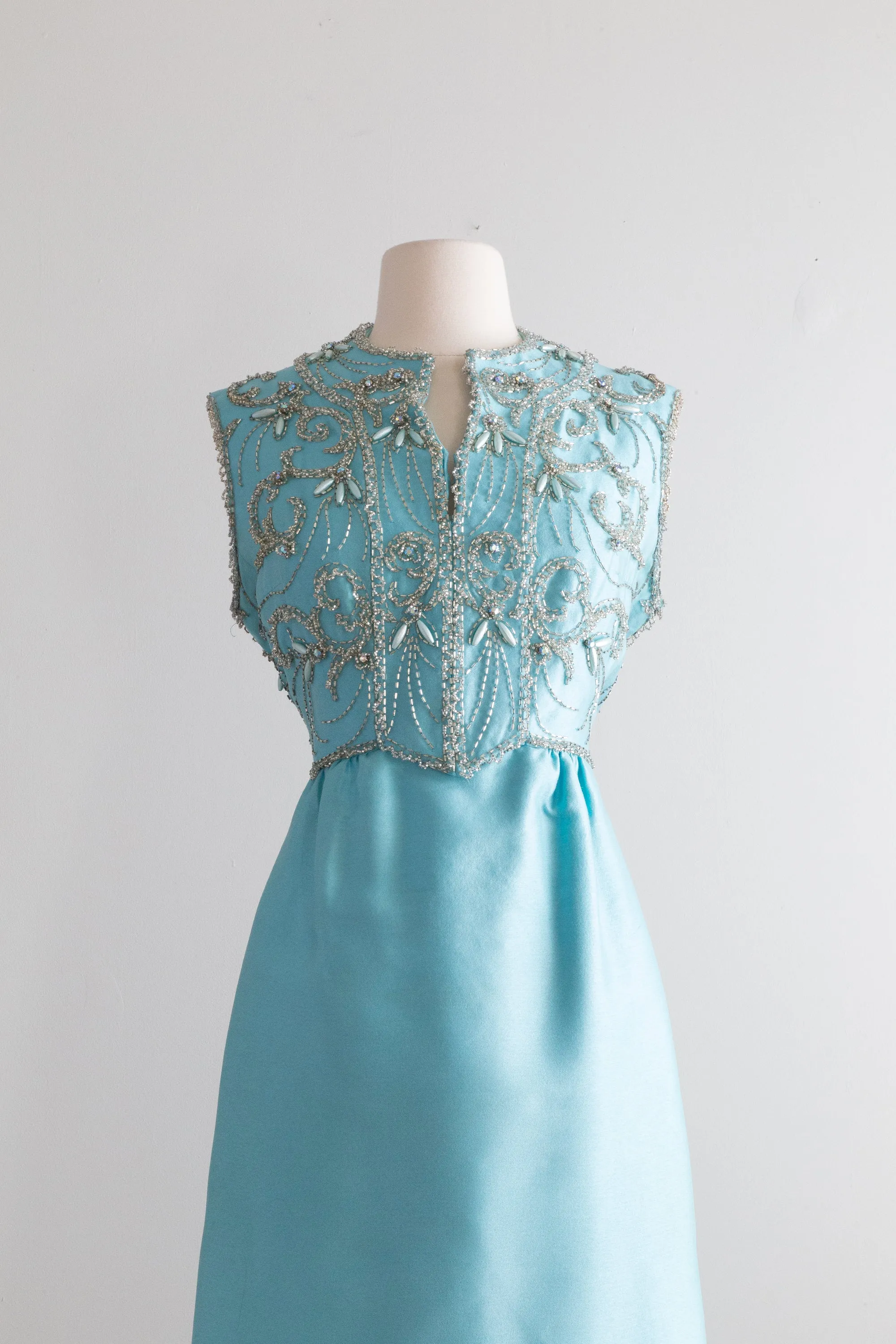 1960's Tiffany Blue Shantung Silk Beaded Evening Gown / ML