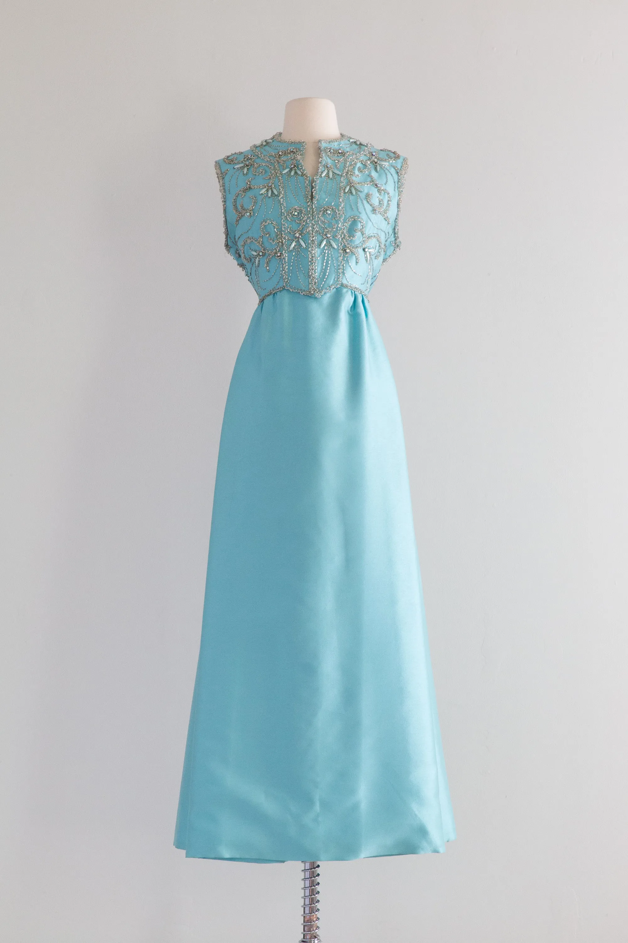 1960's Tiffany Blue Shantung Silk Beaded Evening Gown / ML