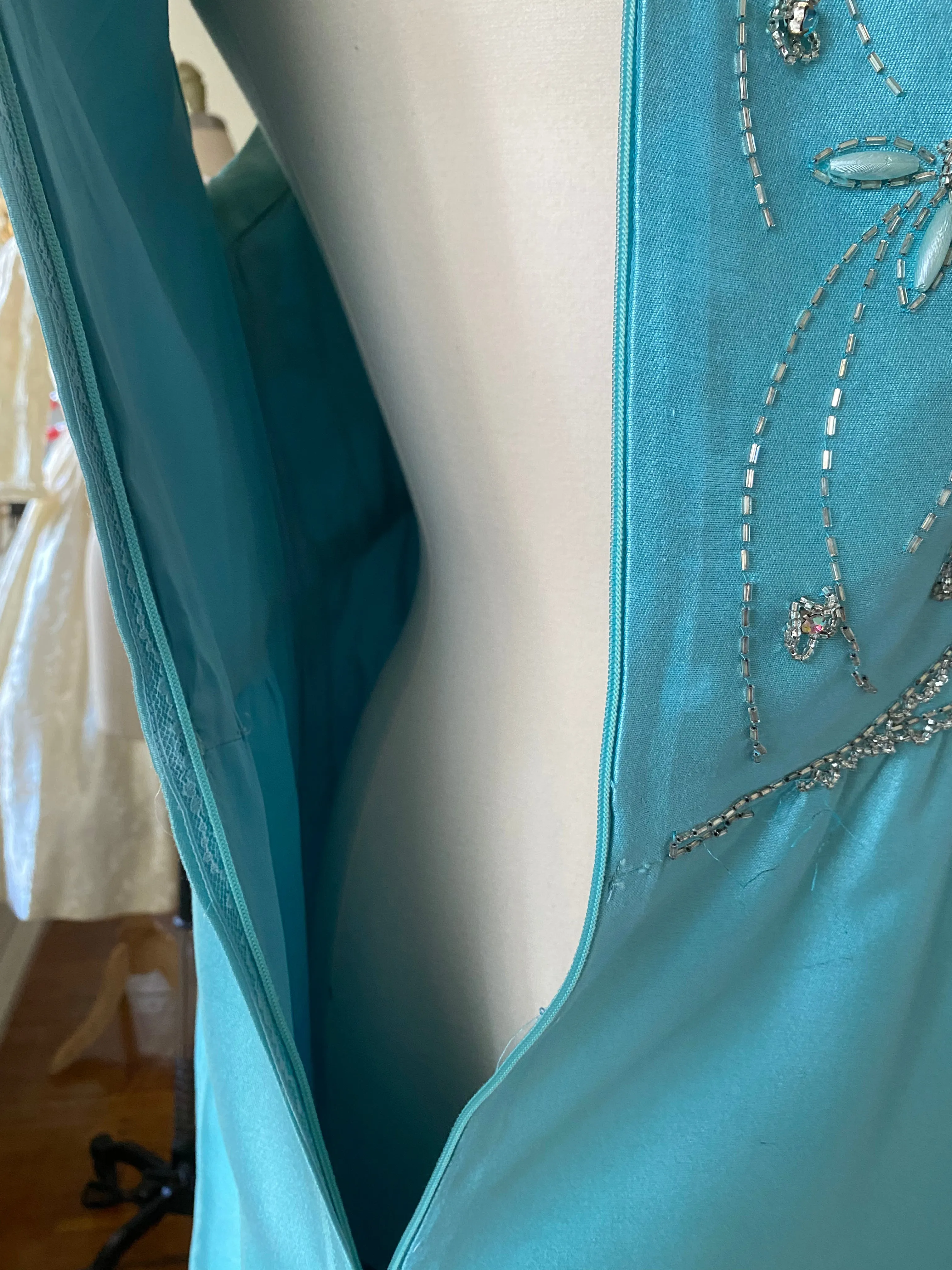 1960's Tiffany Blue Shantung Silk Beaded Evening Gown / ML