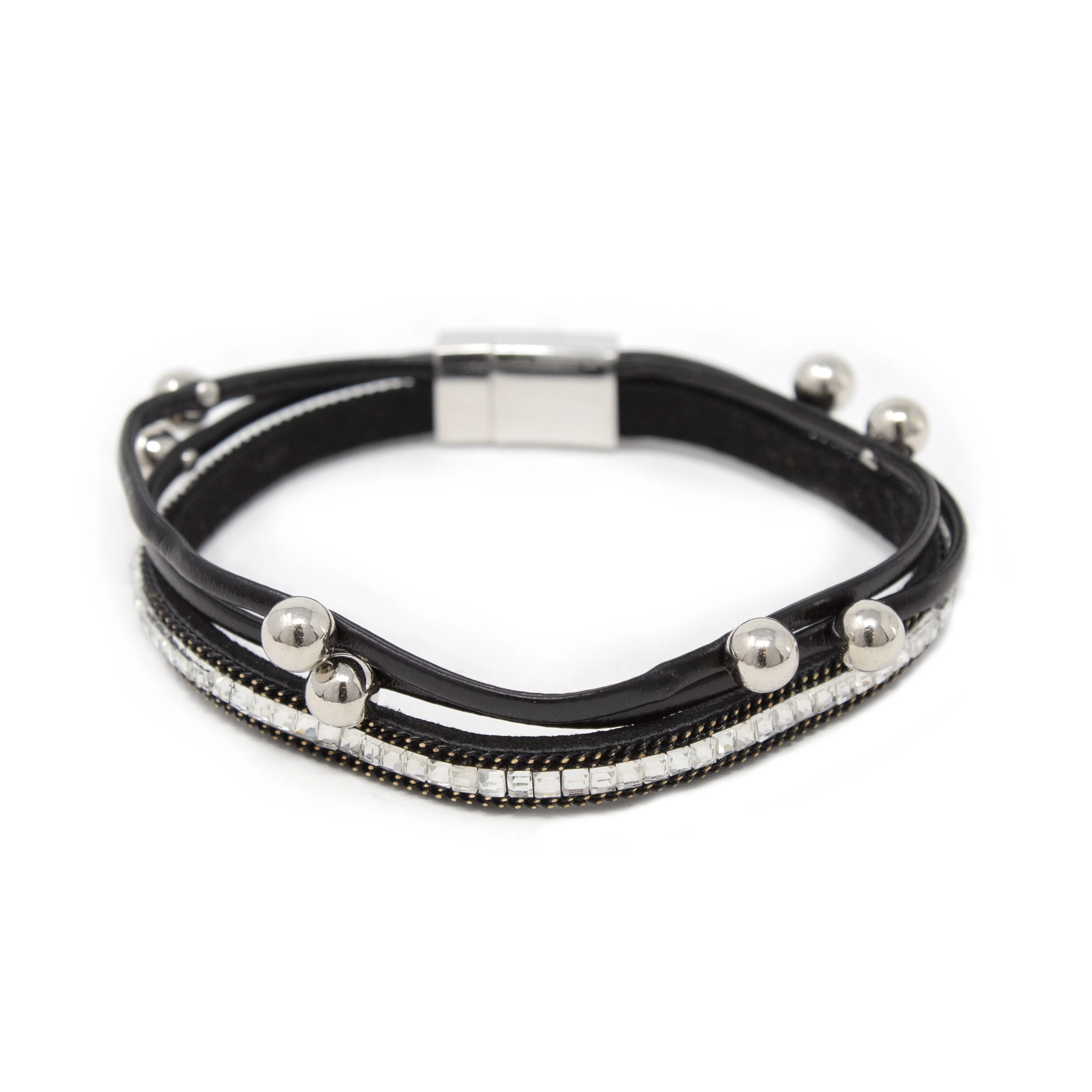 3Row Glass and Bead Leather Bracelet Black