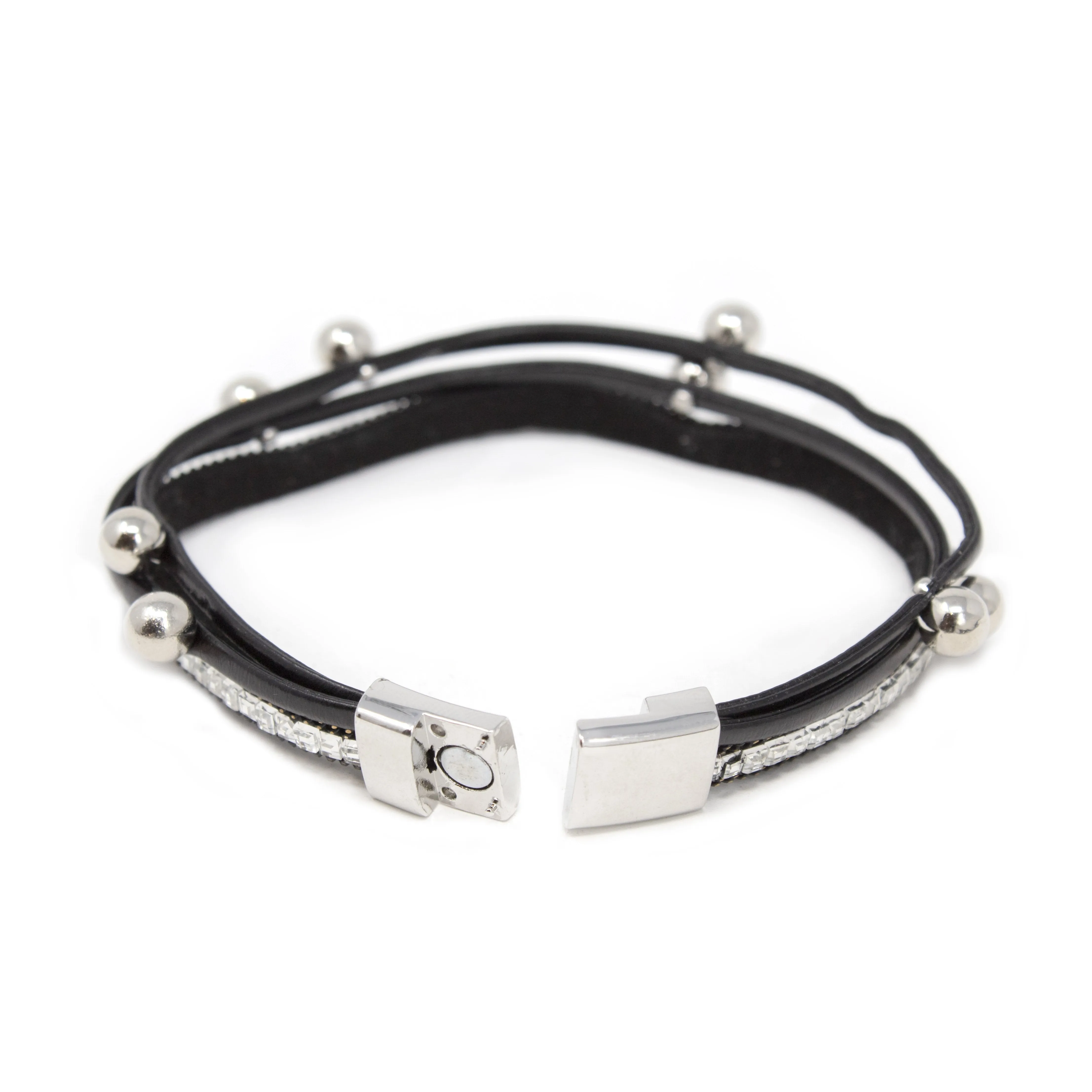 3Row Glass and Bead Leather Bracelet Black