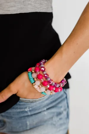 4 Layer Bright Beaded Bracelet Set- Pink & Purple Tones