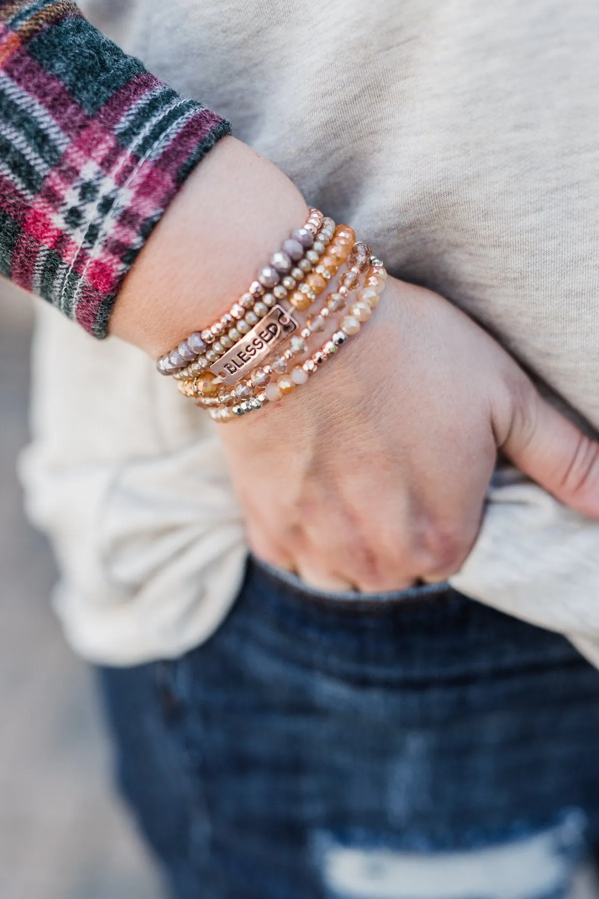 5 Piece "Blessed" Bar Bracelet Set- Orange & Taupe Tones