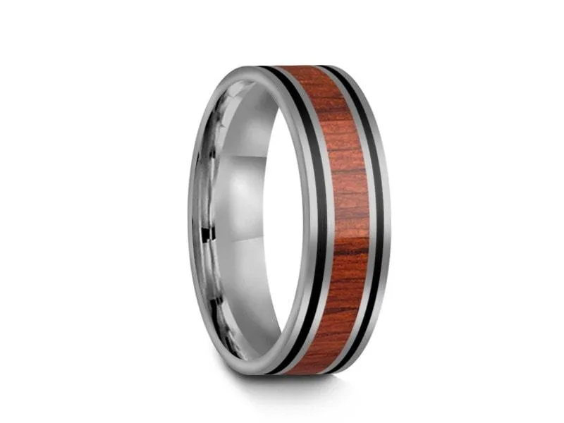 6MM HAWAIIAN Koa Wood Tungsten WEDDING BAND FLAT AND GRAY INTERIOR