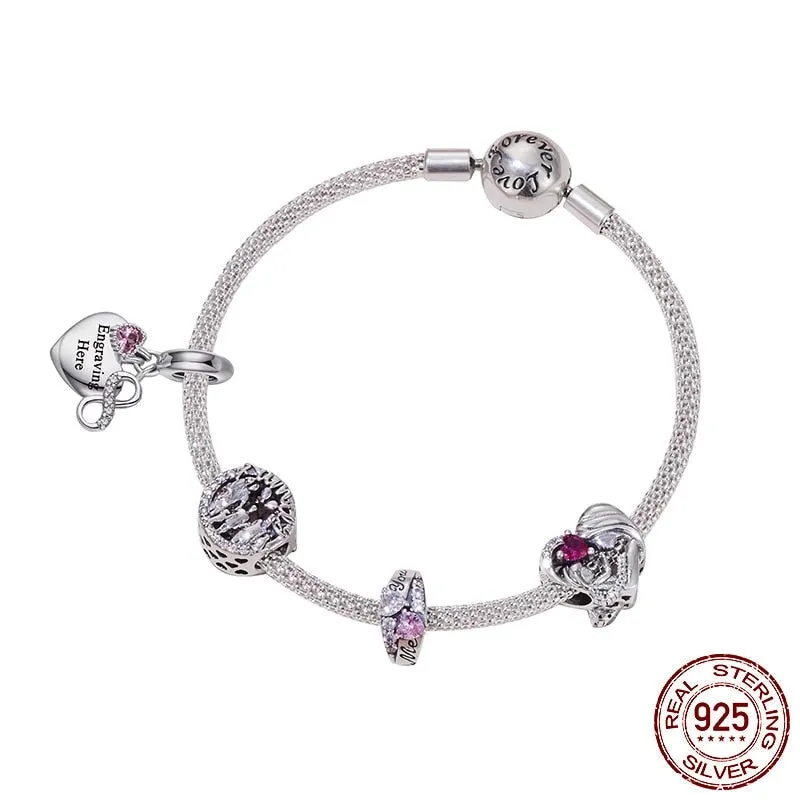 925 Sterling Silver Heart Hanging Beads Mother and Daughter Bracelet