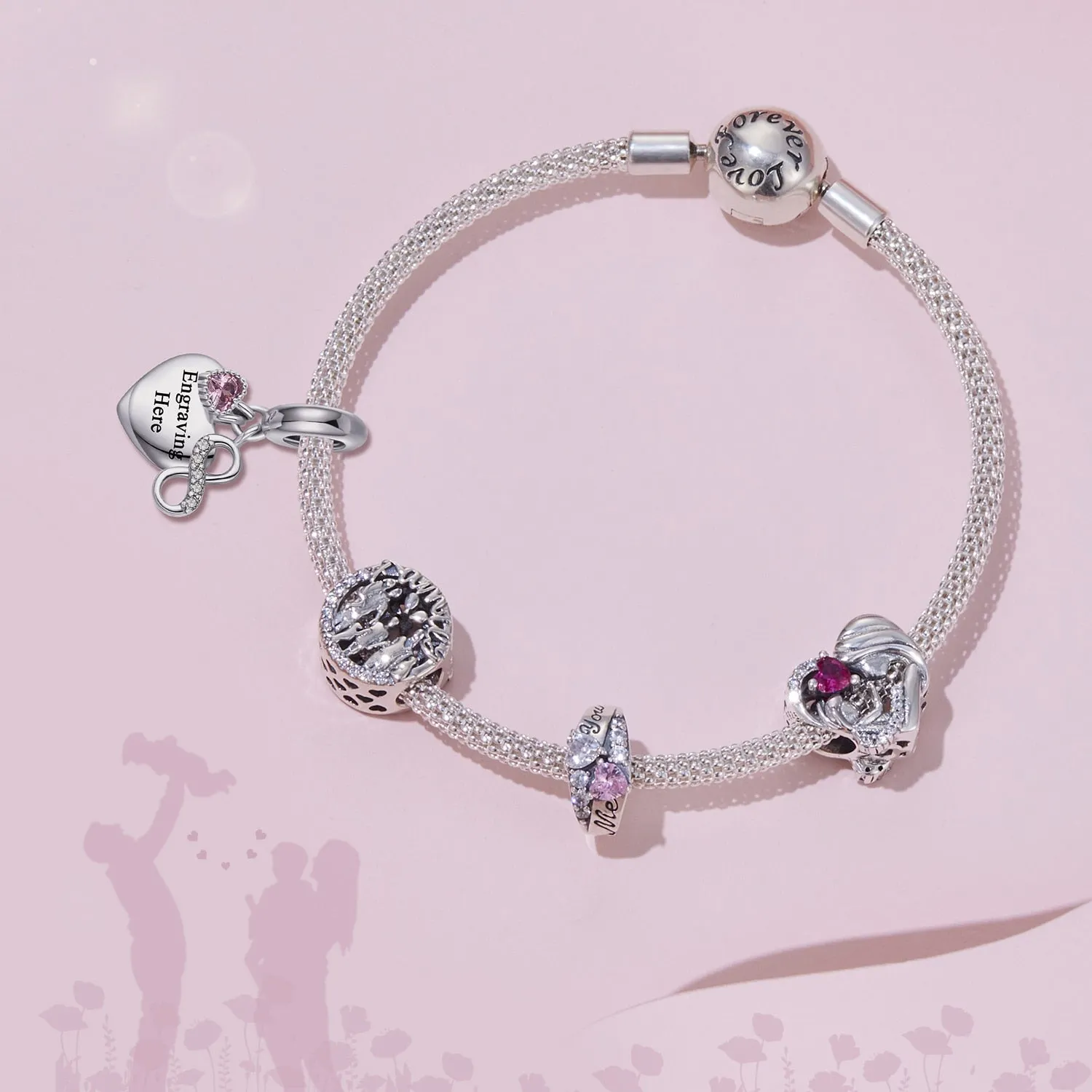 925 Sterling Silver Heart Hanging Beads Mother and Daughter Bracelet