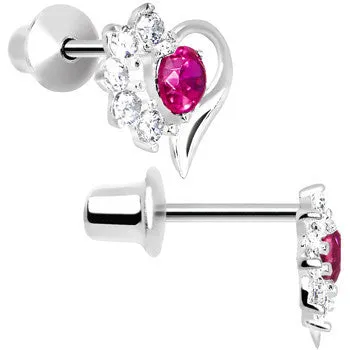 .925 Sterling Silver Pink CZ Flower Heart Youth Screwback Earrings