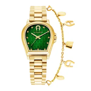 Aigner Alba Ladies Green Dial Stainless Steel Gold Plated Watch