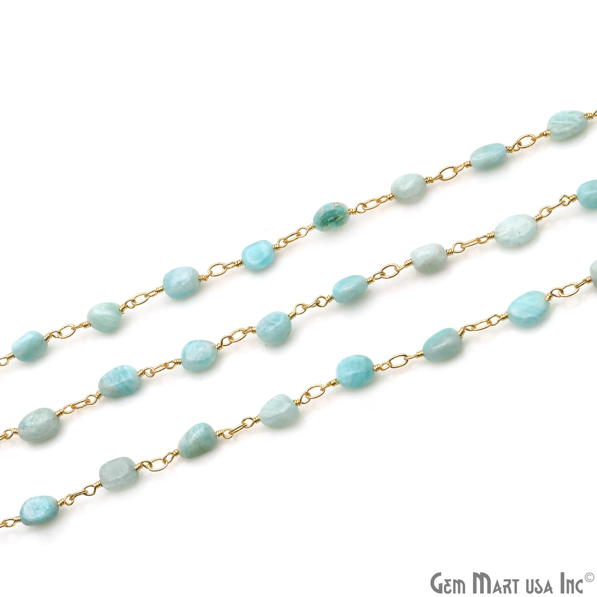 Amazonite Tumble Beads 8x5mm Gold Wire Wrapped Rosary Chain