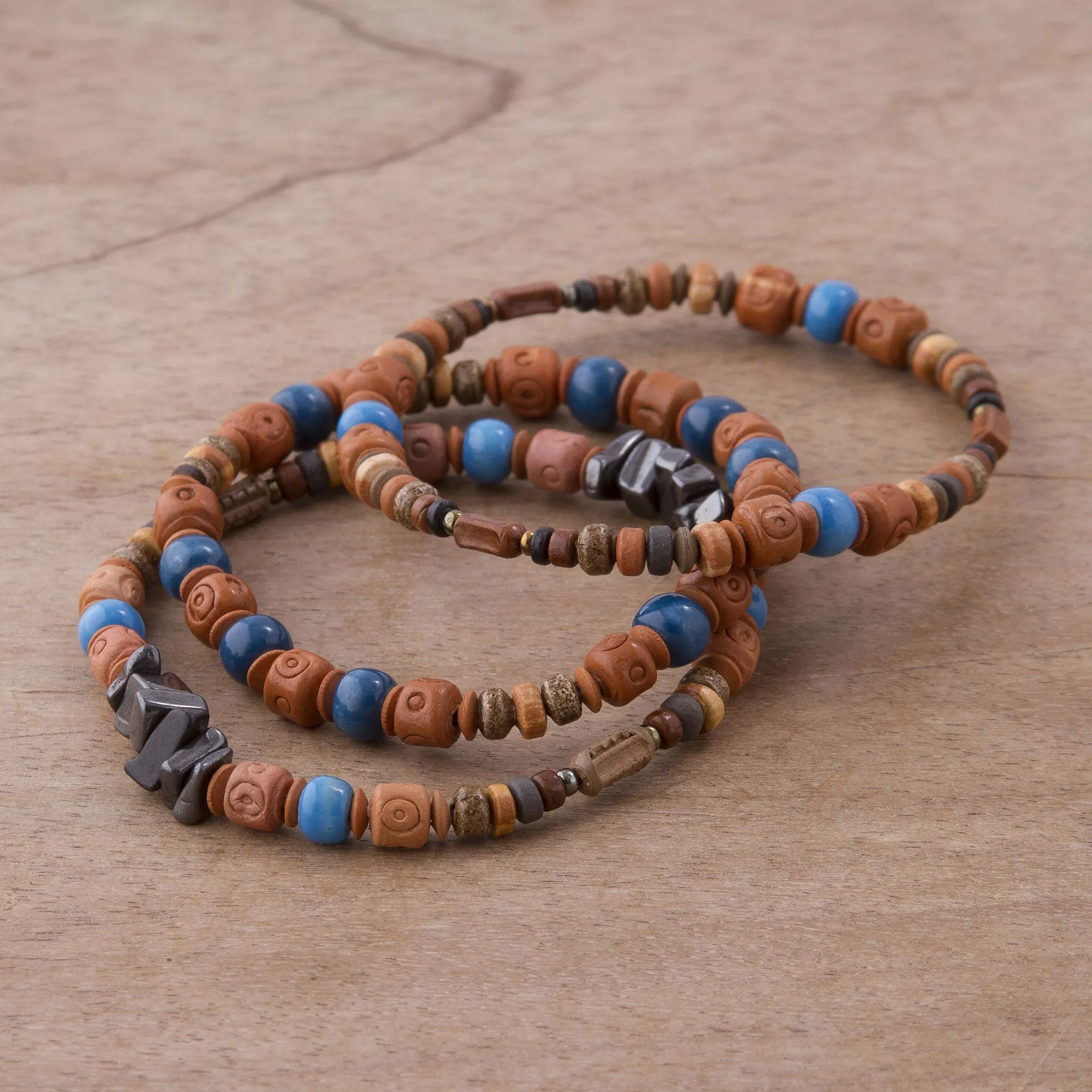 Andean Eyes Three Hematite and Ceramic Beaded Bracelets in Earth Tones