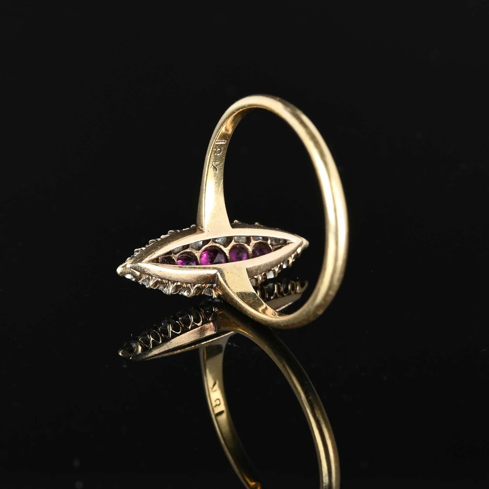 Antique Diamond Ruby Navette Ring in 18K Gold