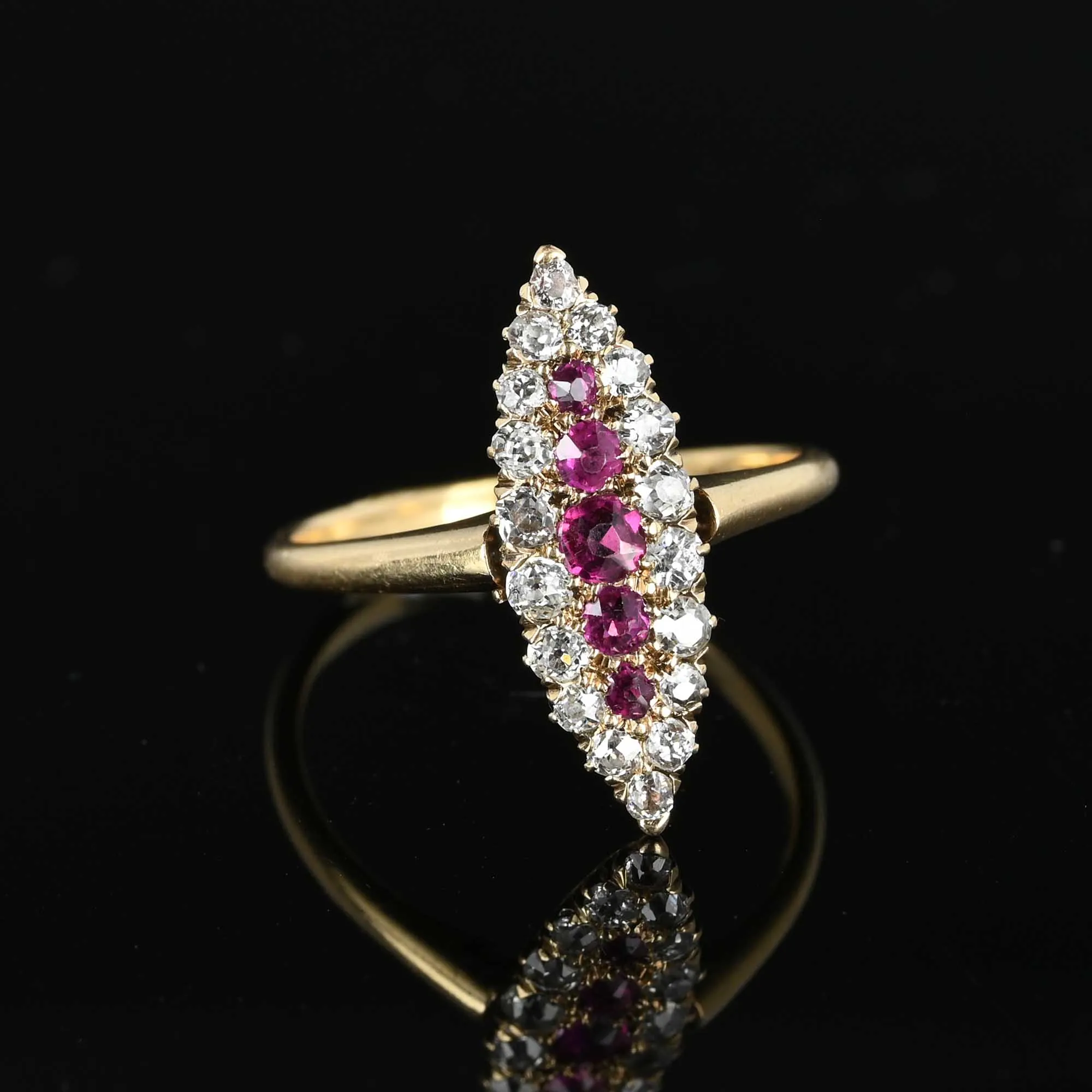 Antique Diamond Ruby Navette Ring in 18K Gold