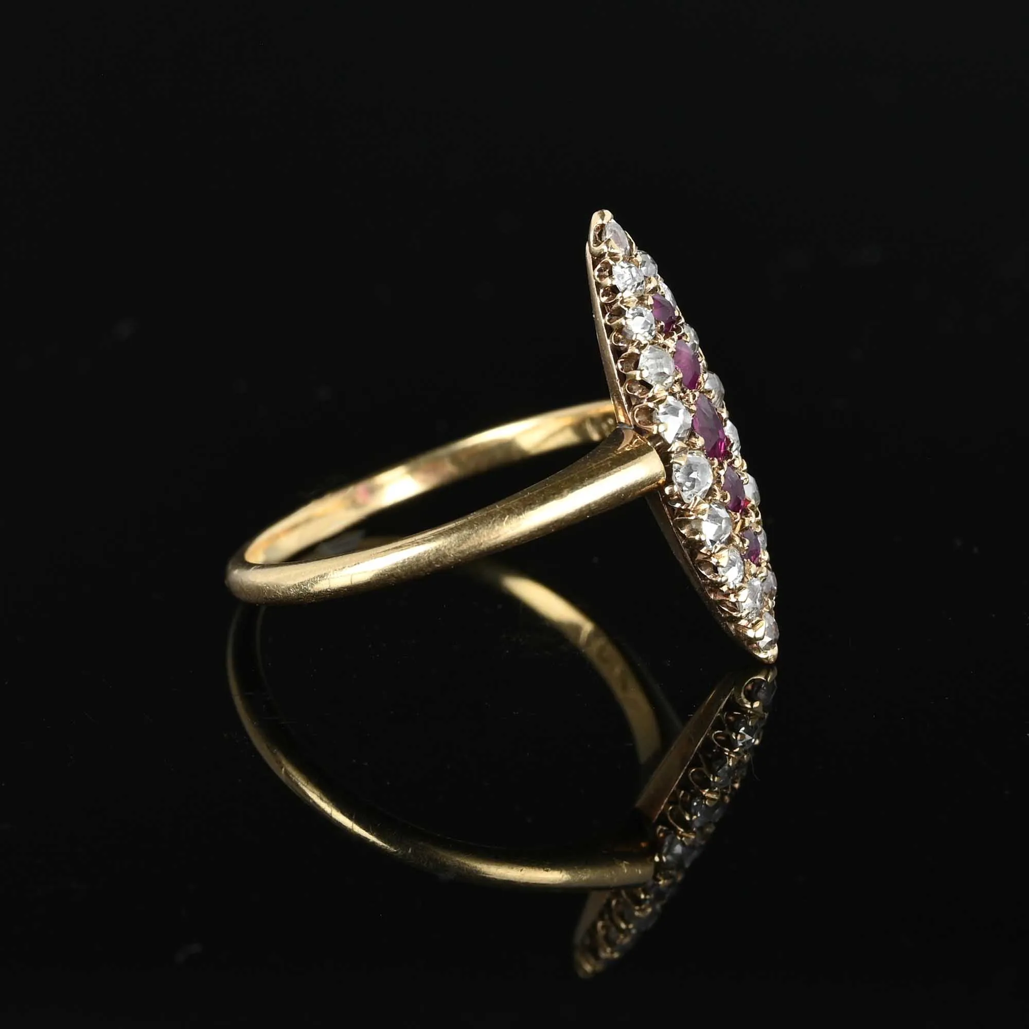 Antique Diamond Ruby Navette Ring in 18K Gold