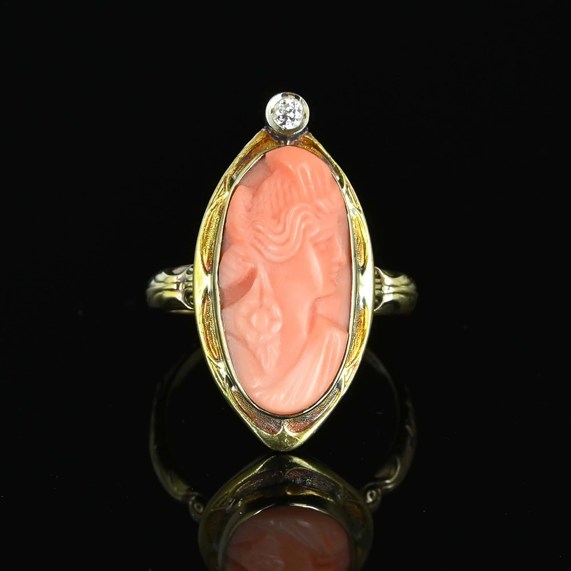 Antique Edwardian Diamond Coral Cameo Ring