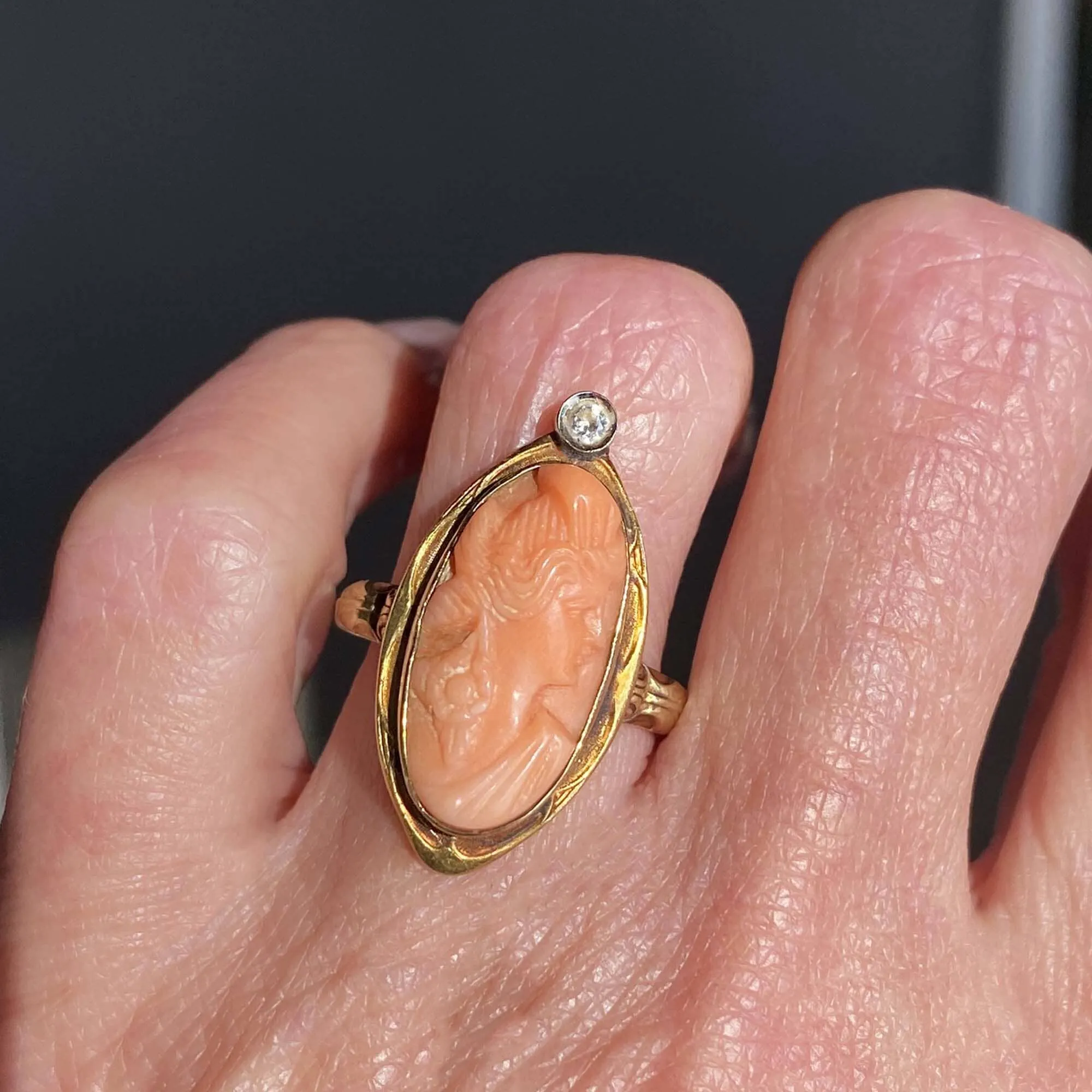 Antique Edwardian Diamond Coral Cameo Ring