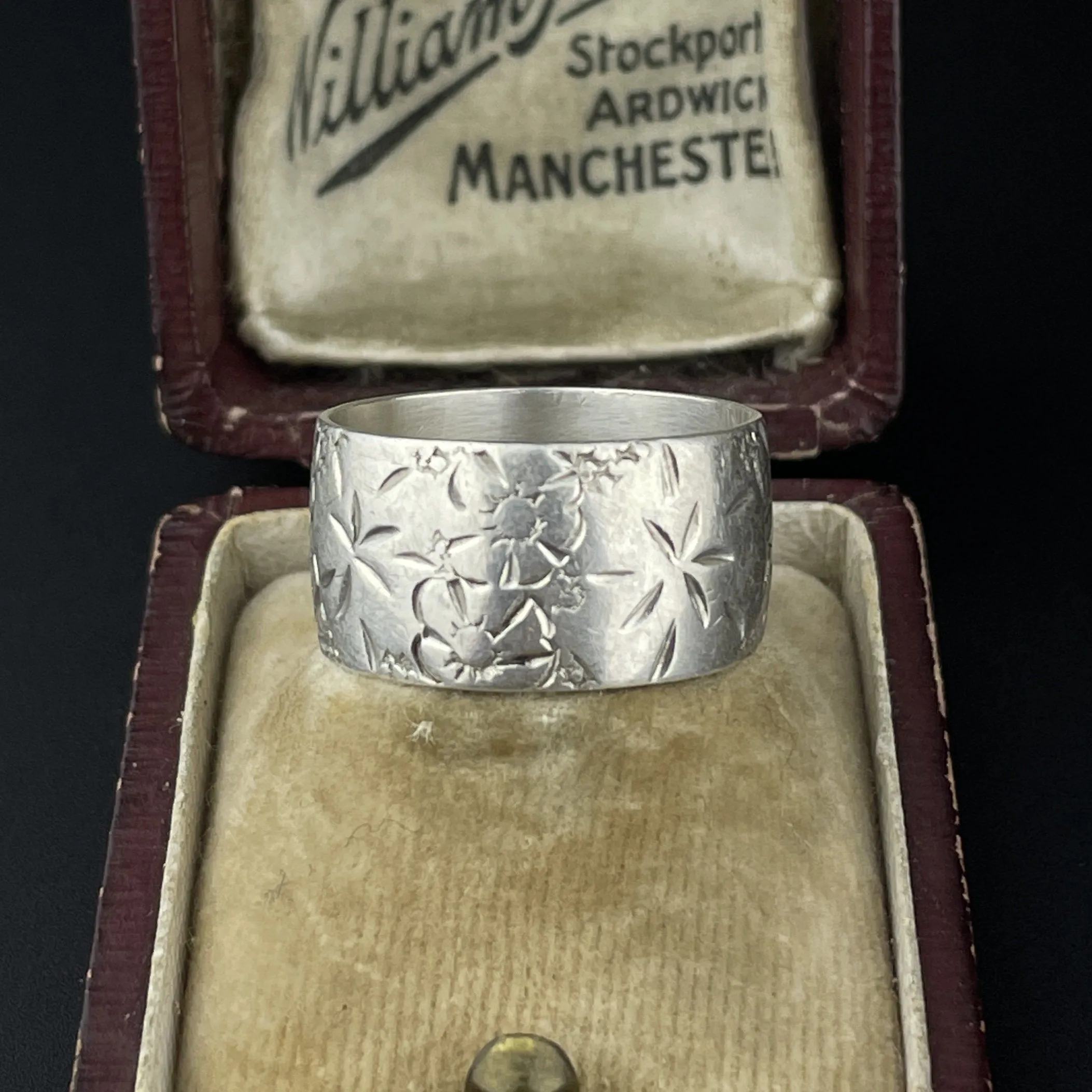 Antique Silver Engraved Forget Me Not Wide Ring, Sz 6.5