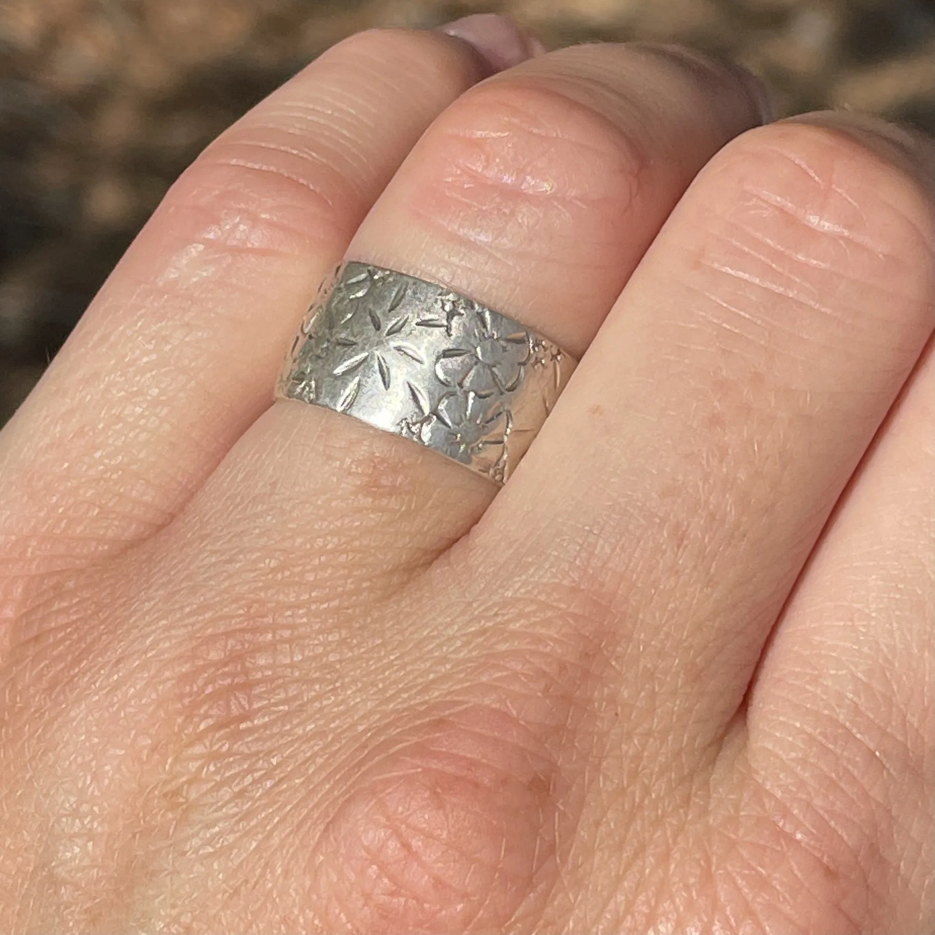 Antique Silver Engraved Forget Me Not Wide Ring, Sz 6.5