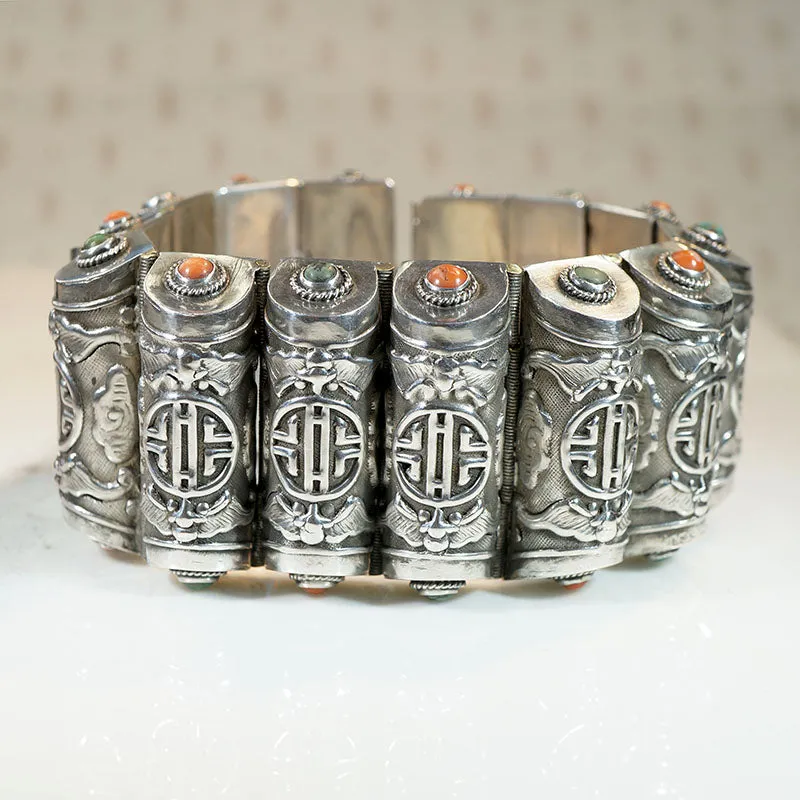 Auspicious Bat & Cloud Chinese Silver Bracelet