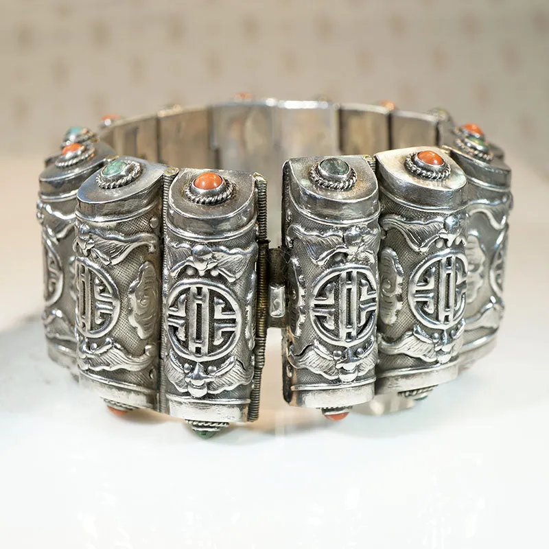 Auspicious Bat & Cloud Chinese Silver Bracelet