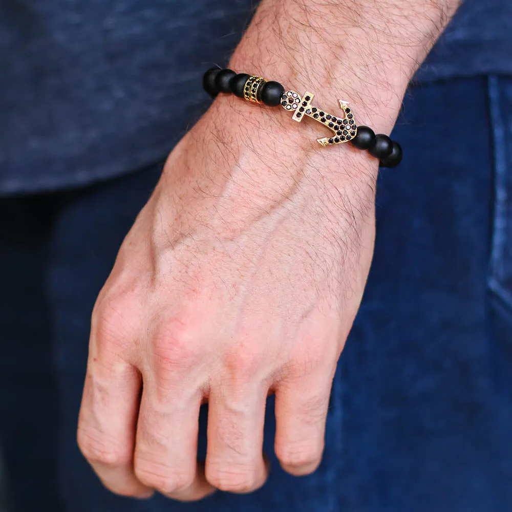 Black Lava Stone Gold Anchor Bracelet