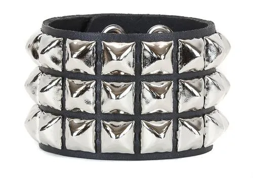 Black Leather Bracelet w/ 3 Rows of Silver Pyramid Studs