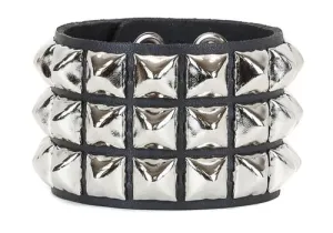 Black Leather Bracelet w/ 3 Rows of Silver Pyramid Studs