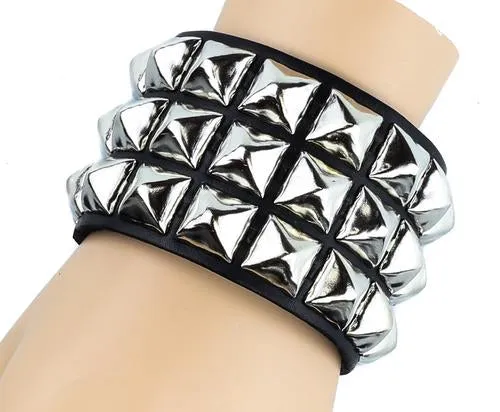 Black Leather Bracelet w/ 3 Rows of Silver Pyramid Studs