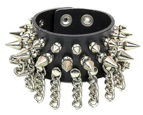 Black Leather Bracelet w/ 3 Rows of Silver Spikes & Silver Chains