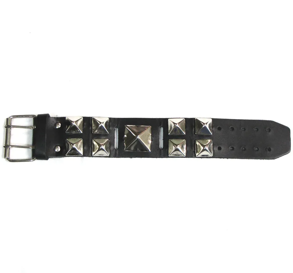 Black Leather Bracelet w/ Mixed Sizes of Silver Pyramid Studs