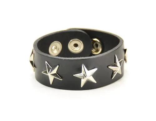 Black Leather Bracelet w/ Silver Star Studs