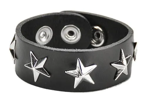 Black Leather Bracelet w/ Silver Star Studs