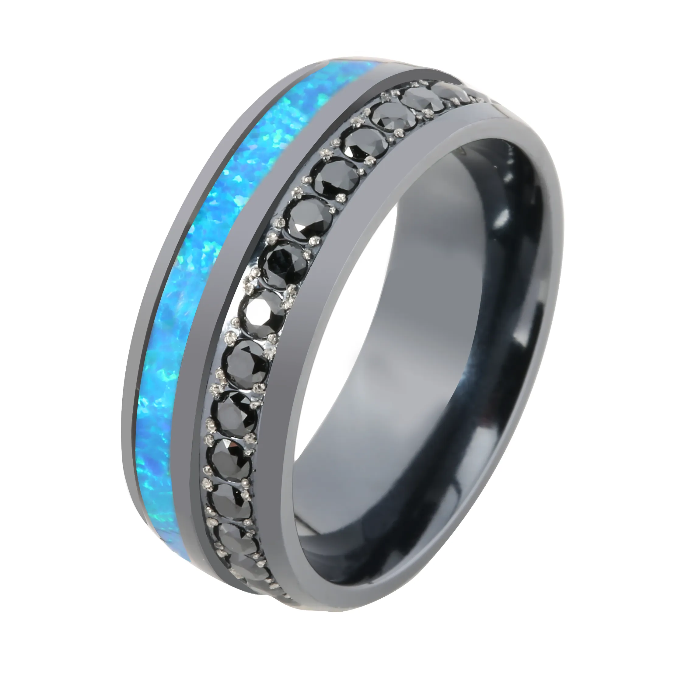 Black Titanium Opal Inlaid with Black CZ Oval Wedding Ring 8mm