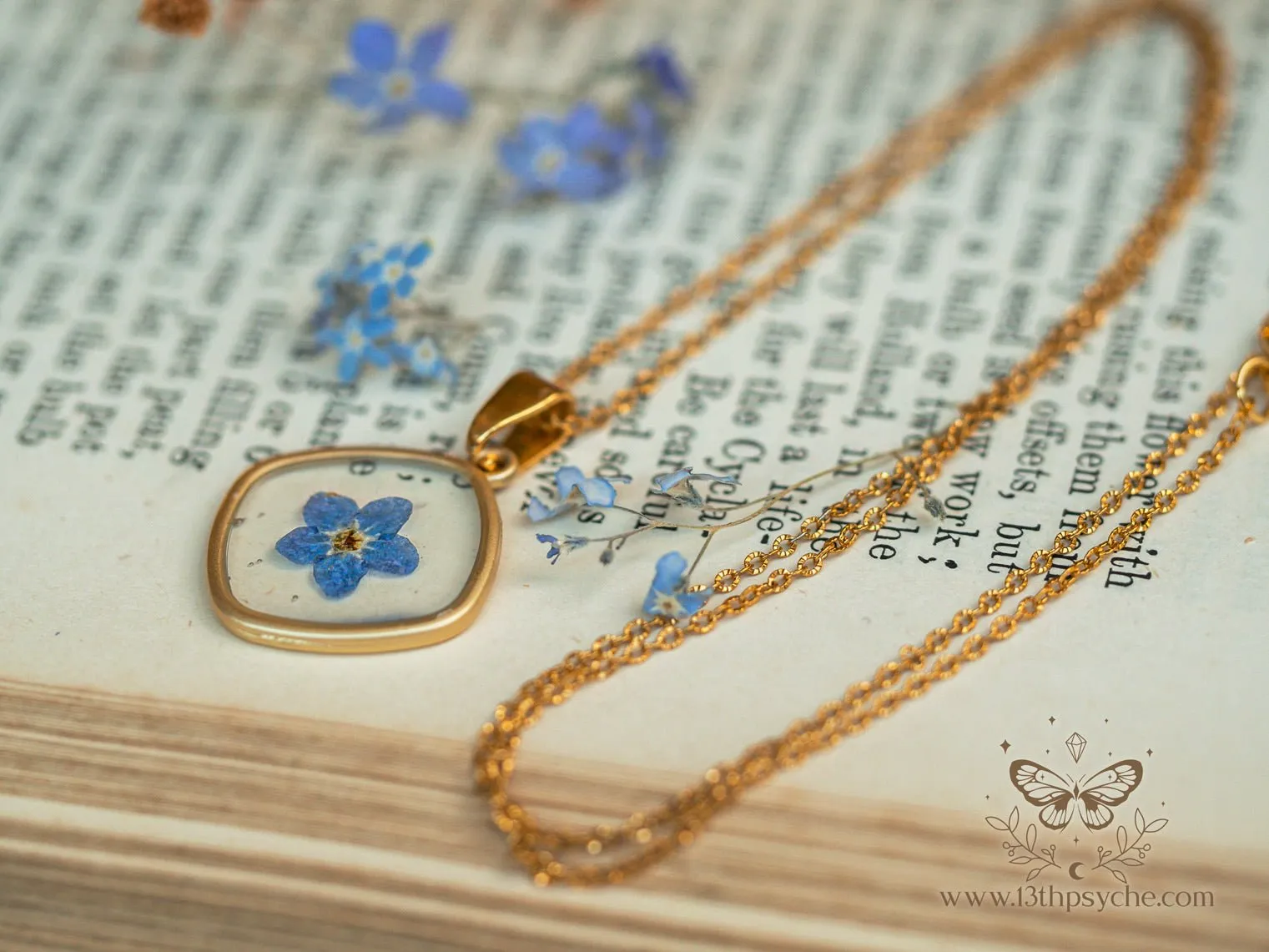 Blue forget me not flower dainty resin pendant necklace