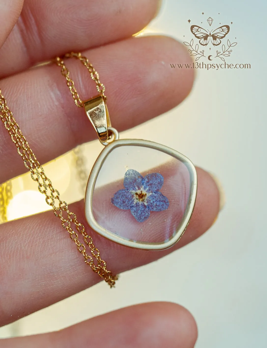 Blue forget me not flower dainty resin pendant necklace