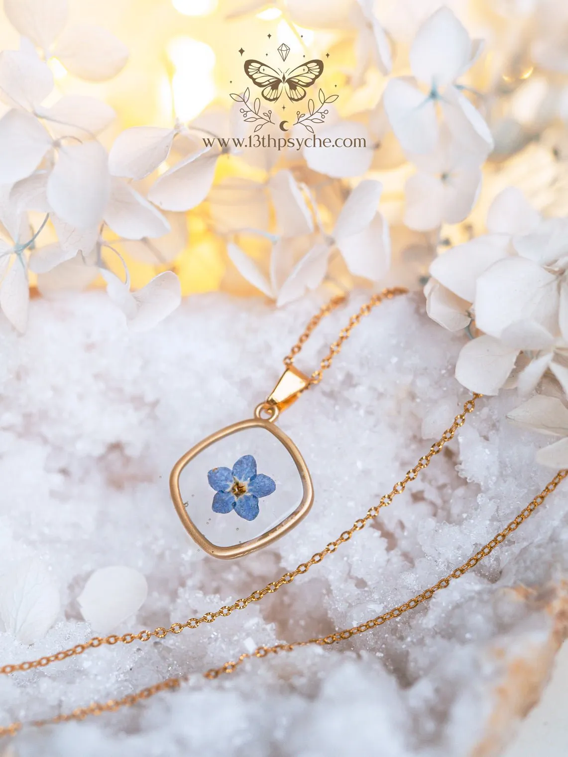 Blue forget me not flower dainty resin pendant necklace