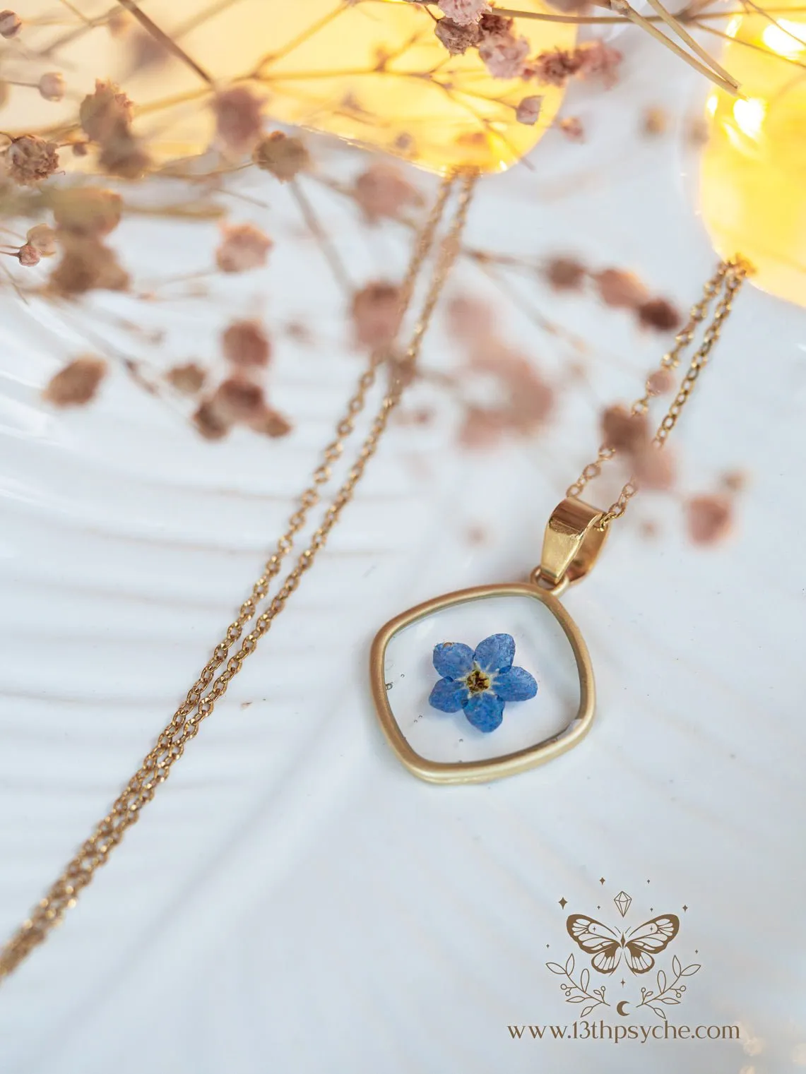 Blue forget me not flower dainty resin pendant necklace