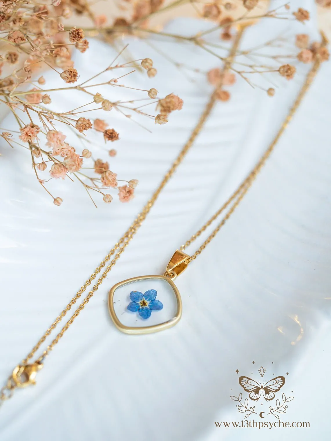 Blue forget me not flower dainty resin pendant necklace