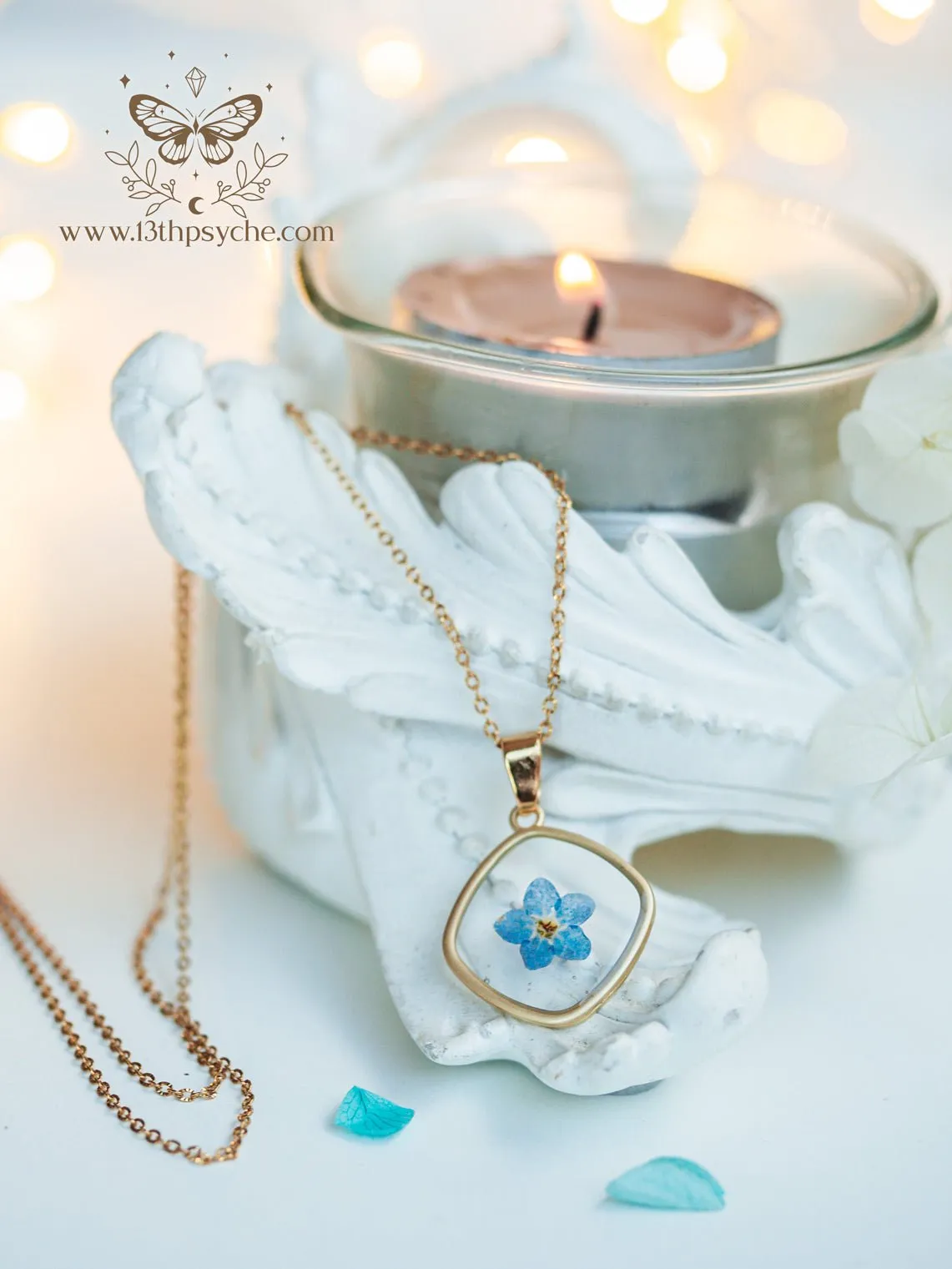 Blue forget me not flower dainty resin pendant necklace