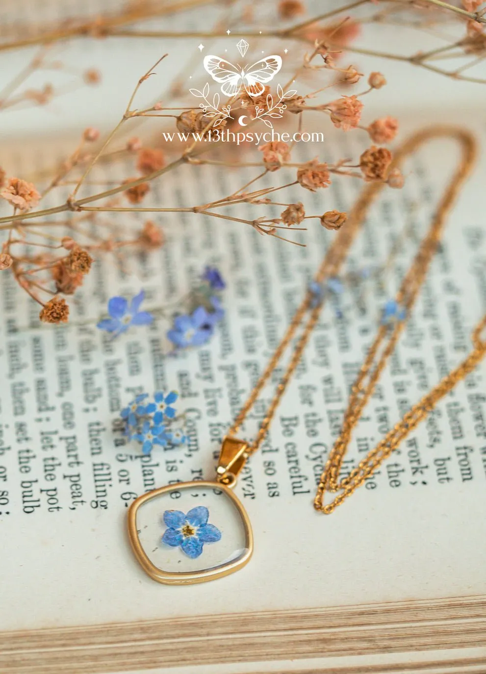 Blue forget me not flower dainty resin pendant necklace