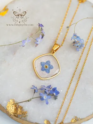 Blue forget me not flower dainty resin pendant necklace