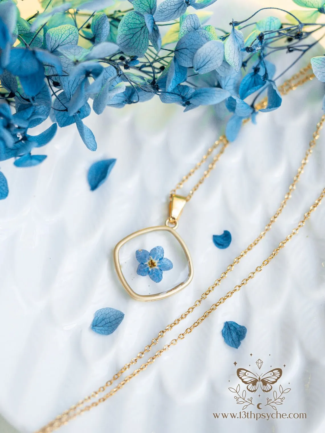 Blue forget me not flower dainty resin pendant necklace